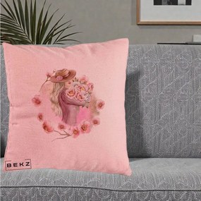 Perna Decorativa Femeie cu Flori Roz Acuarela, 40x40 cm, Roz, Husa Detasabila, Perna Inclusa, BEKZ®