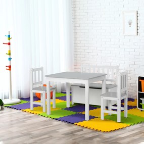 HOMCOM Set Mobilier pentru Copii 4 Piese, Masă, 2 Scaune, Bancă Depozitare, Lemn Multifuncțional, Alb și Gri | Aosom Romania