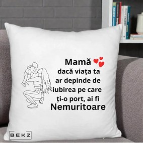 Cadou pentru Mama - Perna Personalizata Mama Nemuritoare Portret Graphic, 40x40 cm, Alb Pufos, Husa Detasabila, Perna Inclusa, BEKZ®