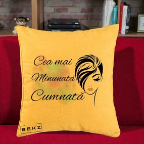 Cadou pentru Cumnata - Perna Personalizata Cea mai Minunata Cumnata cu Silueta Dama si Pete Multicolor, 40x40 cm, Galben, Husa Detasabila, Perna Inclusa, BEKZ®