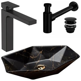 Pachet lavoar Rea Vegas negru, baterie lavoar Hansgrohe Vernis Shape 190 negru mat si ventil lavoar universal negru