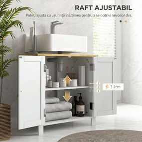 kleankin Dulap Sub Lavoar pentru Baie, 2 Uși Raft Reglabil, PAL, MDF, 60 x 30 x 60 cm, Alb | Aosom Romania