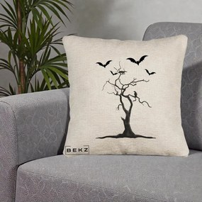 Perna Decorativa Halloween Copac cu Lilieci Alb-Negru, 40x40 cm, Bej Canapea, Husa Detasabila, Perna Inclusa, BEKZ®