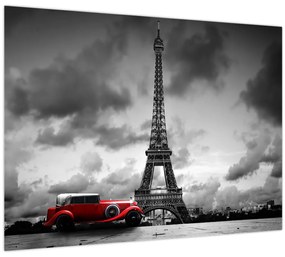 Tablou pe sticlă - Turnul Eiffel și mașina roșie (70x50 cm)