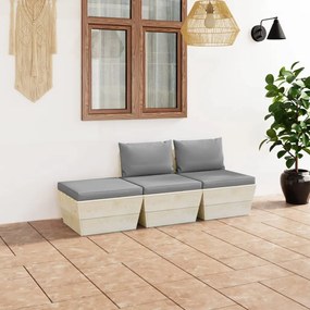 Set mobilier gradina din paleti cu perne, 3 piese, lemn molid Gri, 2x mijloc + suport pentru picioare, 1