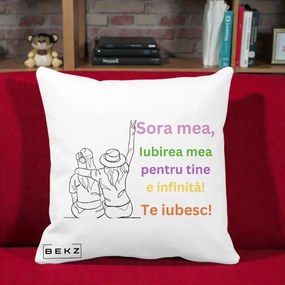 Cadou pentru Sora - Perna Personalizata Sora Mea Te Iubesc Doua Fete cu Palarie si Umbrela, 40x40 cm, Alba Mata, Husa Detasabila, Perna Inclusa, BEKZ®