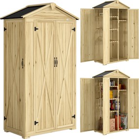 Outsunny Dulap de Grădină Căsuță pentru Unelte cu 3 Uși 93x53x168 cm Lemn Natural | Aosom Romania