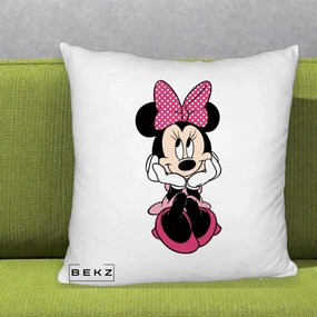 Perna Personalizata Minnie Mouse cu Fundita, 40x40 cm, Alb Pufos, Husa Detasabila, Perna Inclusa, BEKZ®