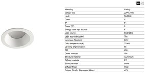 Spot LED baie incastrabil tavan IP54 DOP 8W 2700K alb