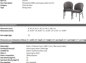 Set de 2 scaune design modern Willis, catifea Savona gri 113773 HZ