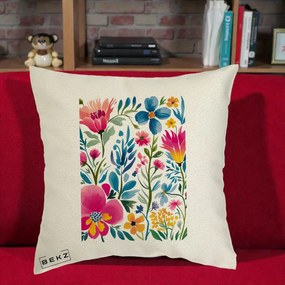 Perna Decorativa Gradina Florala Acuarela Colorata, 40x40 cm, Ecru, Husa Detasabila, Perna Inclusa, BEKZ®
