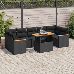 vidaXL Set mobilier grădină perne 8 piese negru, poliratan/lemn acacia