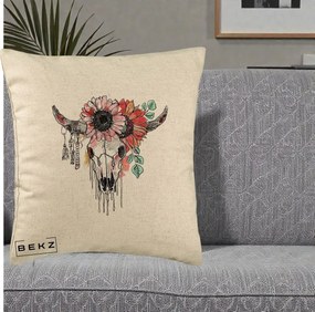 Perna Decorativa Craniu Boho Floral, 40x40 cm, Bej, Husa Detasabila, Perna Inclusa, BEKZ®