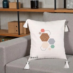 Perna Decorativa Geometric Hexagoane Multicolor, 40x40 cm, Bej cu Franjuri, Husa Detasabila, Perna Inclusa, BEKZ®