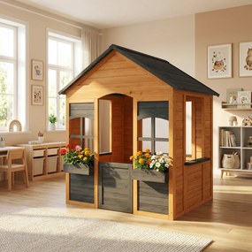 AIYAPLAY Căsuță din Lemn Copii cu Jardiniere, pentru Joacă Exterior/Interior, Vârsta 3-8, Maro | Aosom Romania