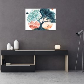 Tablou pe sticlă – Arbore acvarelă plin de viață (70x50 cm)