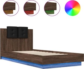 vidaXL Cadru de pat cu tăblie și lumini LED, stejar maro, 100x200 cm