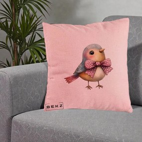 Perna Decorativa Pasare Bleu cu Fundita Roz, 40x40 cm, Roz, Husa Detasabila, Perna Inclusa, BEKZ®
