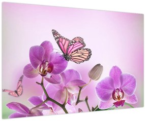Tablou - Fluture pe flori de orhidee, liliac (90x60 cm)