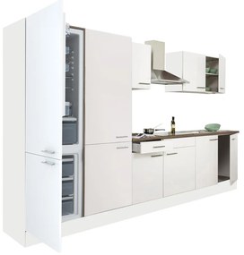 Mobilă de bucătărie Yorki 330, corp alb, față alb satinat, dulap cu rafturi și frigider cu congelator inferior