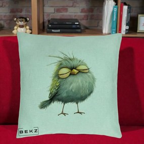 Perna Decorativa Pasare Teal Adormita cu Ochi Galbeni, 40x40 cm, Verde Menta, Husa Detasabila, Perna Inclusa, BEKZ®