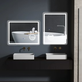 kleankin Oglindă de baie rectangulară cu LED, funcție antiabur, luminozitate reglabilă, oglindă cu zoom x3 80 x 60 cm transparent | Aosom Romania