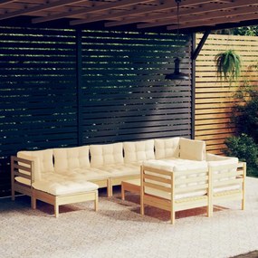 3097133 vidaXL Set mobilier grădină cu perne crem, 10 piese, lemn masiv de pin