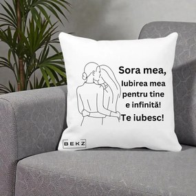 Cadou pentru Sora - Perna Personalizata Sora Mea Te Iubesc Imbratisare din Spate Line Art, 40x40 cm, Alba Mata, Husa Detasabila, Perna Inclusa, BEKZ®