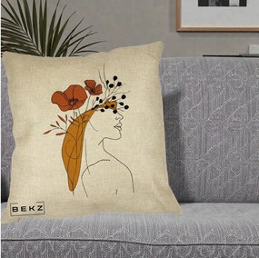 Perna Decorativa Portret Feminin Maci Rosii Auriu, 40x40 cm, Crem, Husa Detasabila, Perna Inclusa, BEKZ®