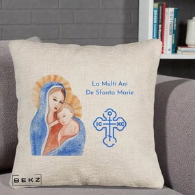 Cadou de Onomastica - Perna Personalizata Sfanta Marie Icoana Acuarela, 40x40 cm, Bej Canapea, Husa Detasabila, Perna Inclusa, BEKZ®