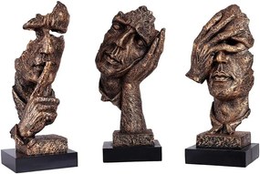 Set 3 Statuete Thinker Face 33cm, Auriu