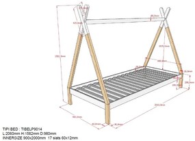 Set TIPI este format din Pat copii înalt fără gard (90 x 200 cm), un sertar în culoare culoare lemn natural și un set de textile asortate.