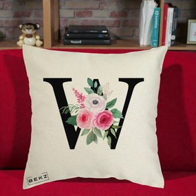 Cadou Personalizat - Perna Personalizata Monograma Florala Litera W cu Trandafiri si Anemona, 40x40 cm, Ecru, Husa Detasabila, Perna Inclusa, BEKZ®