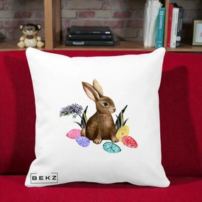 Perna Decorativa Iepuras cu Oua de Pasti Acuarela, 40x40 cm, Alba Mata, Husa Detasabila, Perna Inclusa, BEKZ®