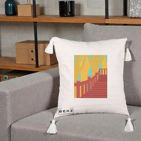 Perna Decorativa Scari Toamna Peisaj Grafic, 40x40 cm, Bej cu Franjuri, Husa Detasabila, Perna Inclusa, BEKZ®