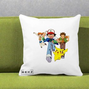 Perna Personalizata Pokemon Ash Misty Brock si Pikachu, 40x40 cm, Alba Mata, Husa Detasabila, Perna Inclusa, BEKZ®