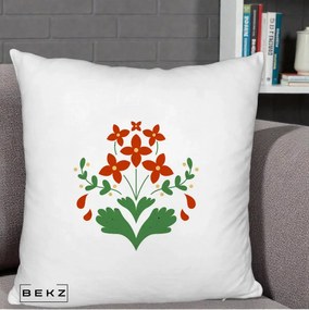 Perna Decorativa Buchet Floral Folk Rosu-Verde, 40x40 cm, Alb Pufos, Husa Detasabila, Perna Inclusa, BEKZ®