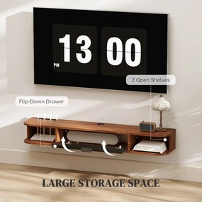 HOMCOM Mobilier TV Suspendat, Suport TV Până la 50" cu Sertar Rabatabil, 2 Rafturi Deschise și Orificiu pentru Cabluri, Mobilier pentru Televizor pentru Sufragerie, Dormitor și Sală de Stat, 120x24x16 cm, Nuc | Aosom Romania