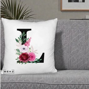 Cadou Personalizat - Perna Personalizata Monograma Florala Litera L, 40x40 cm, Alb Pufos, Husa Detasabila, Perna Inclusa, BEKZ®