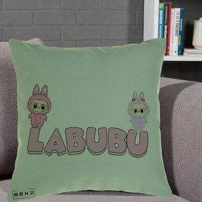Perna Personalizata Labubu Duo Roz-Lila cu Text, 40x40 cm, Verde, Husa Detasabila, Perna Inclusa, BEKZ®