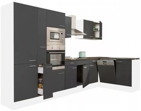 Mobilă de bucătărie de colț Yorki 370, corp alb, față antracit satinat, cu dulap cu raft