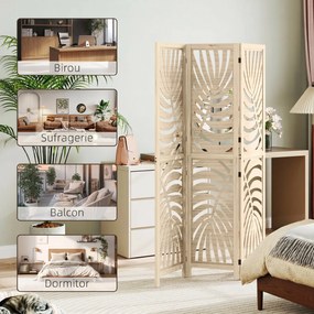 HOMCOM Paravan cu 3 Panouri, Separator Pliabil cu Design Frunze pentru Interior, Finisaj Natural | Aosom Romania