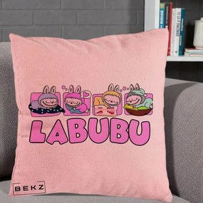 Perna Personalizata Labubu Sleeping Quad, 40x40 cm, Roz, Husa Detasabila, Perna Inclusa, BEKZ®