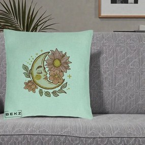 Perna Personalizata Luna Boho Chip Floral, 40x40 cm, Verde Menta, Husa Detasabila, Perna Inclusa, BEKZ®