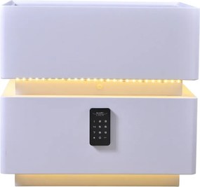 RESIGILAT- Noptieră inteligentă multifuncțională, sertar tip seif cu parolă, încărcare Wireless, difuzor Bluetooth, iluminare LED touch în 3 culori, Alb