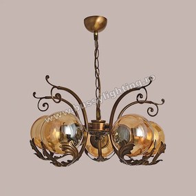 Lustra Devon cu 5 Brate, Desing Vintage, Finisaj Bronz Antichizat, Abajur Amber - Bussy Lighting 7294-52-05