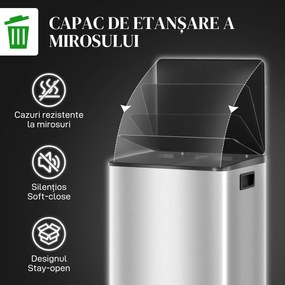 HOMCOM Coș de Gunoi cu 2 Compartimente de 30L, Pedală și Capac Silențios, 47,7x37,5x66,8 cm, Argintiu | Aosom Romania