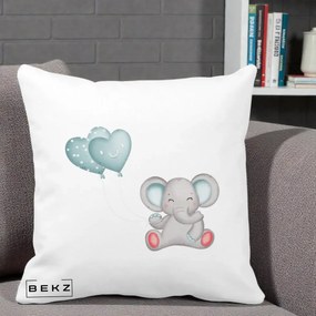 Perna Decorativa Elefant si baloane in forma de inimioare, 40x40 cm, Alba Mata, Husa Detasabila, Perna Inclusa, BEKZ®