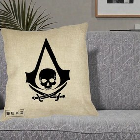 Perna Personalizata Assassin's Creed Black Flag Skull, 40x40 cm, Crem, Husa Detasabila, Perna Inclusa, BEKZ®