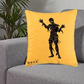 Perna Decorativa Mormii Infricosat Silueta Neagra Halloween, 40x40 cm, Galben, Husa Detasabila, Perna Inclusa, BEKZ®